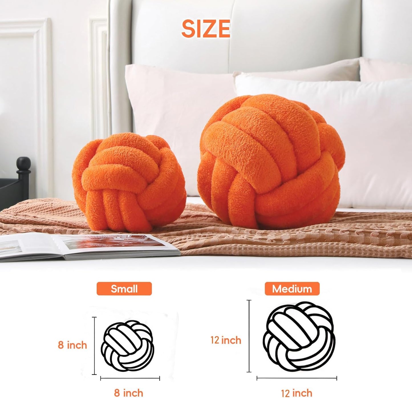 Knot Pillow Ball Plush - Decorative Throw Pillows for Bed Stress Relief, Round Knot Cushion for Sofa Decor Pet Toy, Orange 12 inch