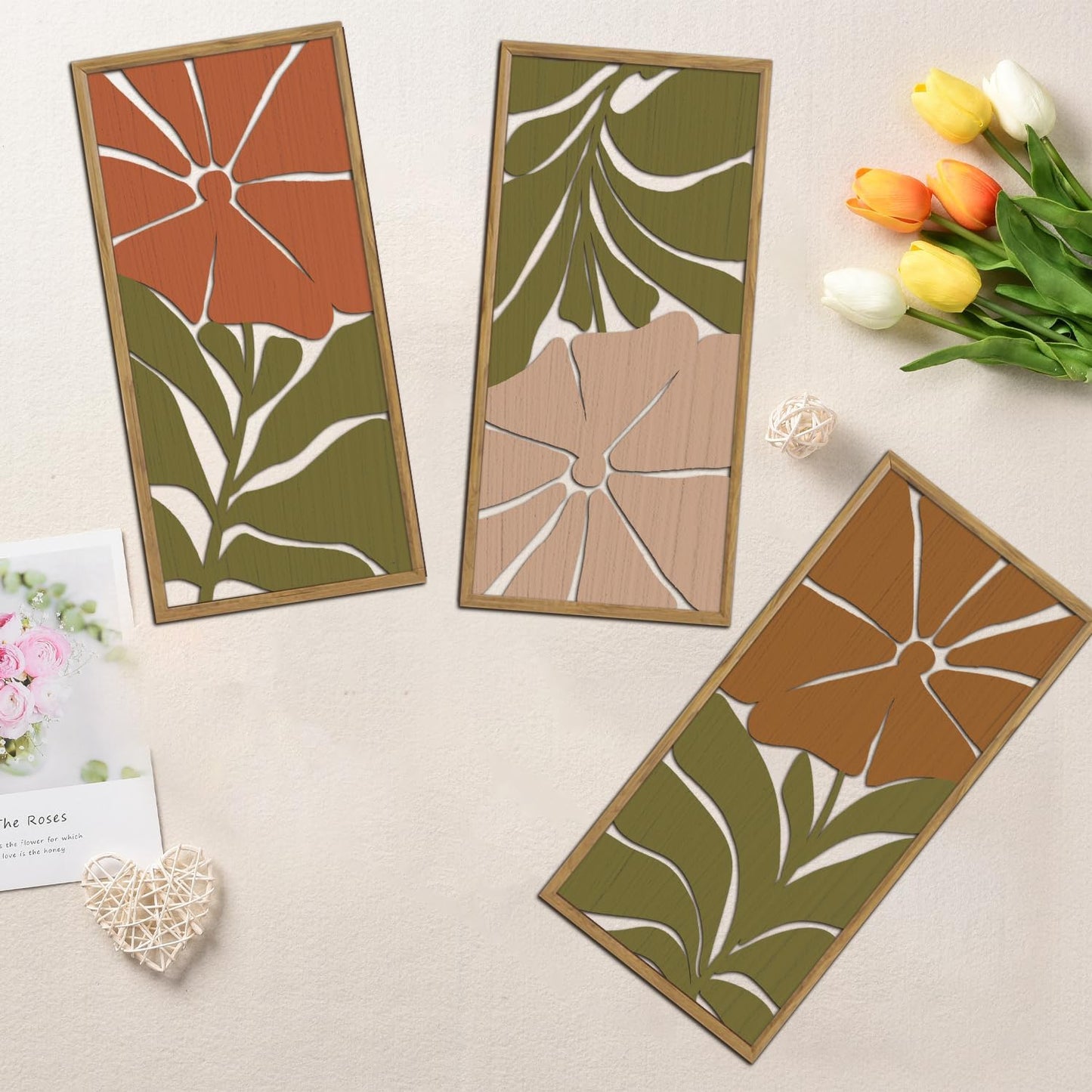 KAIRNE Boho Wooden Wall Art,Bohemian Wood Wall Decor Set of 3(16”X8”),Abstract Minimalist Hanging Decor,Vintage Farmhouse Bohemian Artwork for Living Room Bedroom Kitchen Office Decoration,Framed