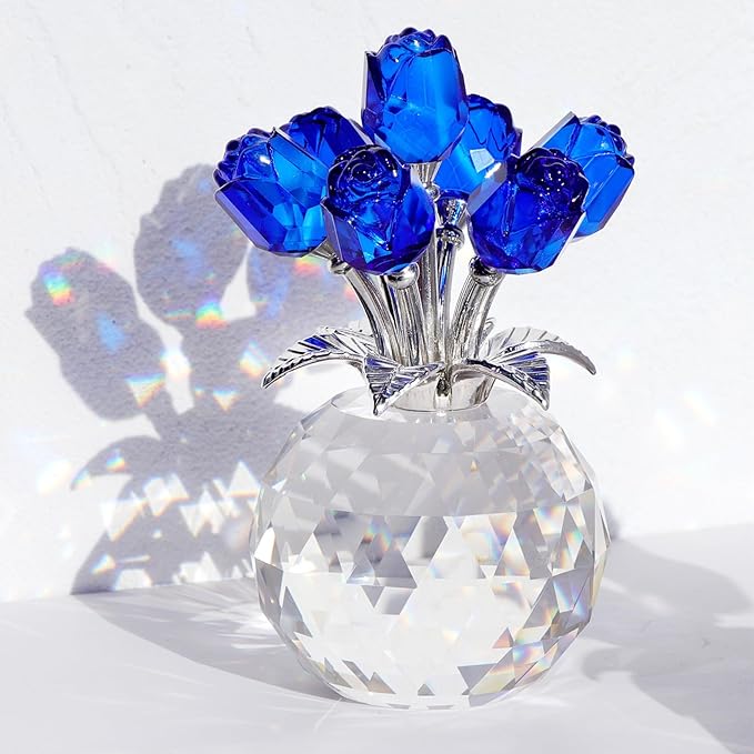 Ornalrist Crystal Rose Figurines Gifts for Wife Her, Romantic Presents for Women on Anniversary Valentine's Day Mother's Day Birthday Christmas, Glass Collectible Rose Floral Home Decor (Blue)