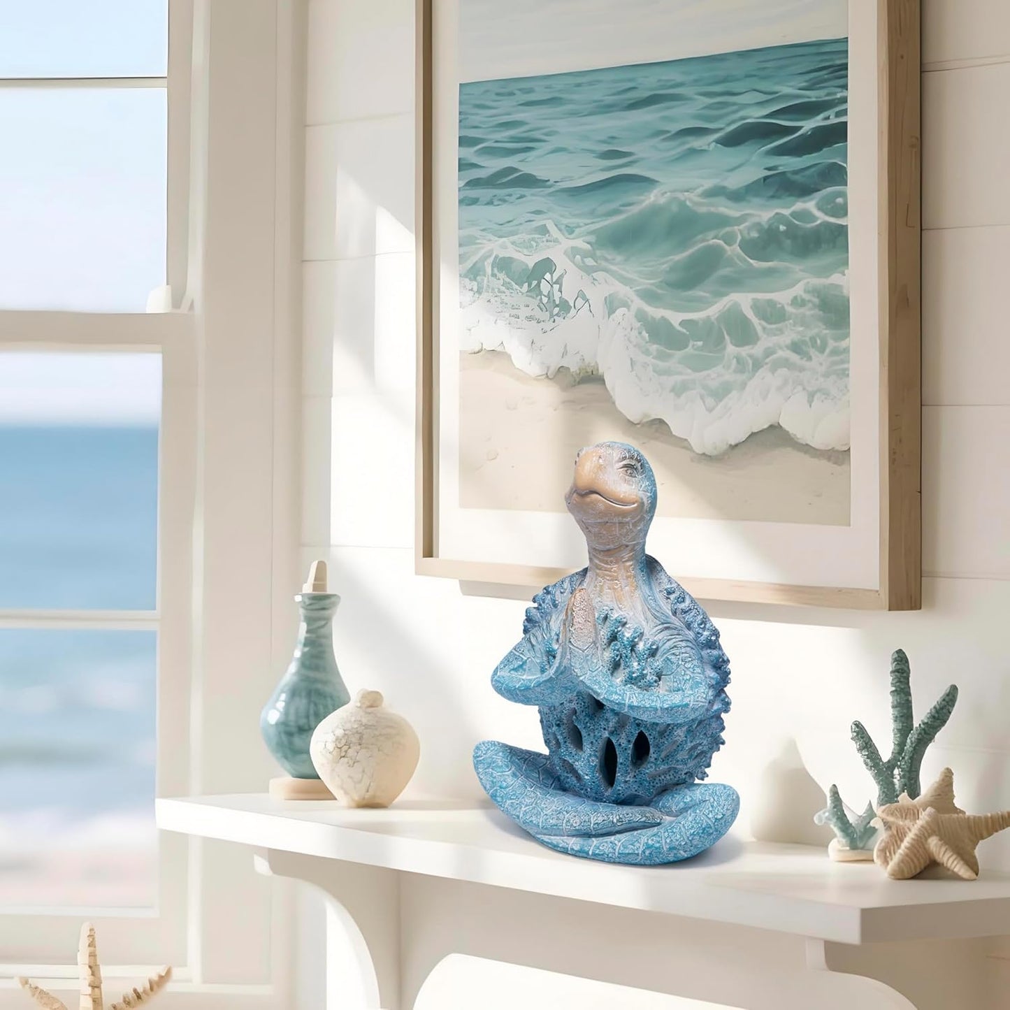 Hodao Coral Reef Sea Turtle Meditation Yoga Decor, Garden Figurines Turtle Meditating Coastal Beach Decor, Zen Yoga Resin Statue for Home Office Table & Shelf Decorations, Retirement Gifts