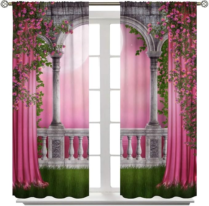Pink Gothic Blackout Curtains，Vintage Romantic Roses Medieval Castle Pattern Drapes Window 2 Panel Rod Pocket Curtain for Bedroom Living Room Decor 31.5" W X 72" L