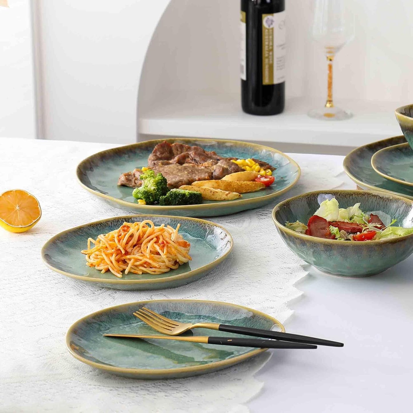 Henten Home Ceramic Dinner Plate Set, 11 Inch Porcelain Pizza, Pasta, Salad Plates, Irregular Shape Steak Plates Set of 4, Stoneware Serving Dishes for Kitchen (Green)