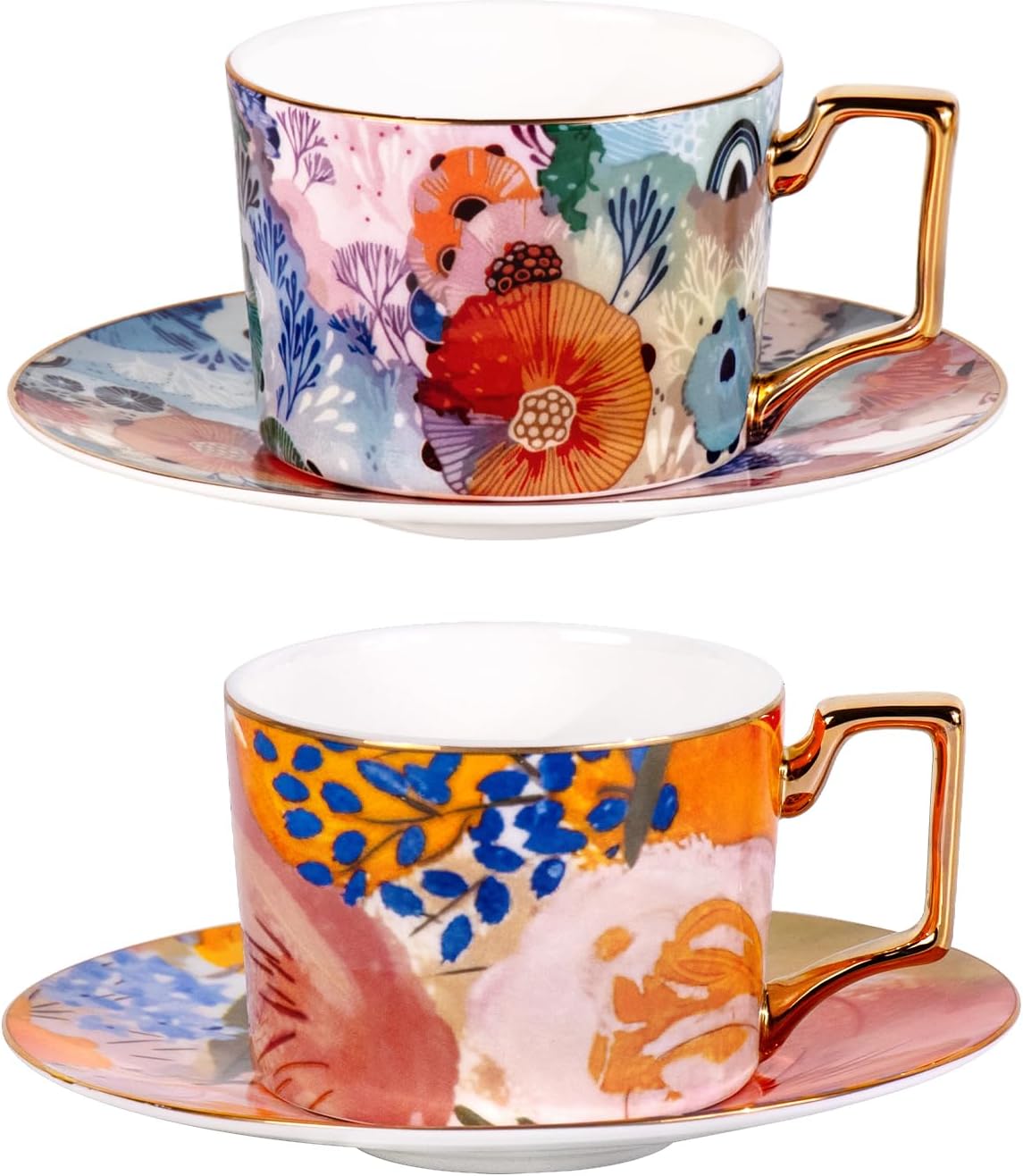 KAMMAK Tea Cups and Saucers Set of 2, Fine Bone China Coffee Cups, 8.5-Ounce Stackable Espresso Mugs, Ceramic Demitasse for Coffee, Cappuccino, Latte, Americano, Tea, Floating World