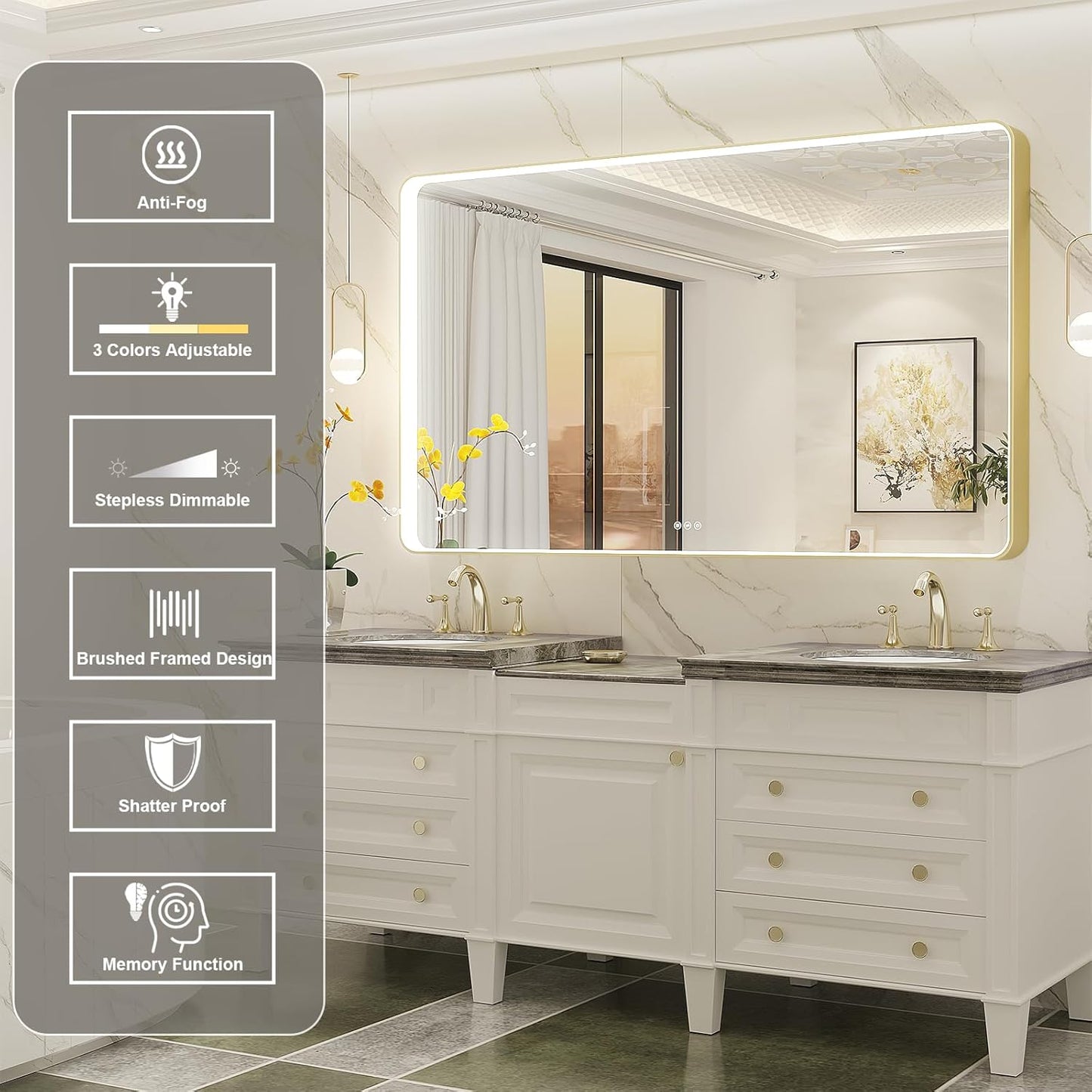 LED Mirror for Bathroom 60X36 Inch Gold Framed with Anti-Fog, Stepless Dimmable, Front Lit, LED Bathroom Vanity Mirror for Wall, Memory Function, Shatter-Proof