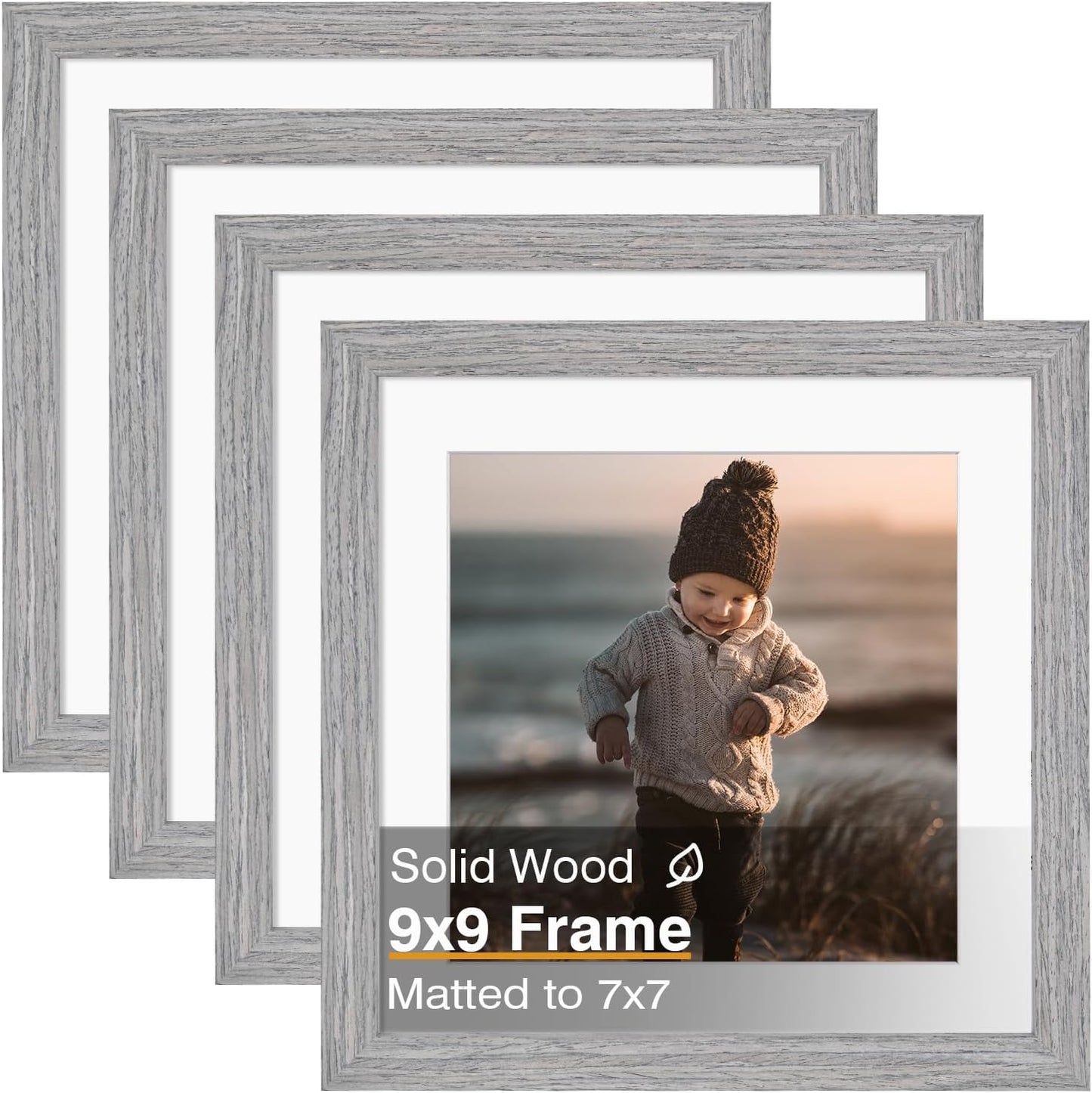 KINLINK 9x9 Picture Frame, Grey Square Solid Wood Frames for Pictures 6x6 with Mat or 9x9 without Mat, Wall and Tabletop Display Photo Frames Grey Wood 4 Pack