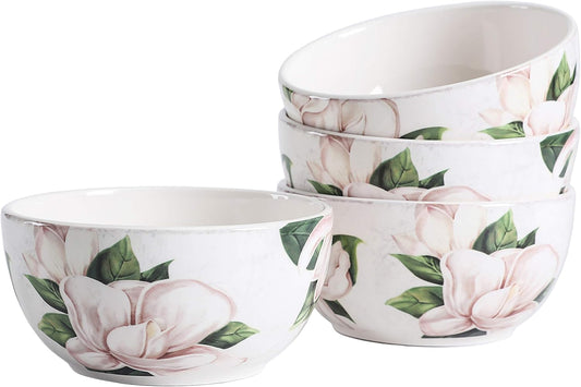 Bico Magnolia Floral Cereal Bowls Set of 4, 26 oz Deep Ceramic Soup Bowls for Cereal, Salad, Noodles, Kitchen, Microwave and Dishwasher Safe, Gift for Housewarming and Thanksgiving