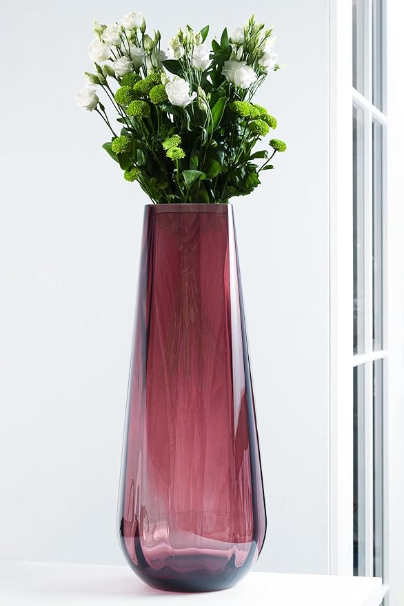 Flower Vase - Glass - Amethyst - Berry - Colored - Thick - 13.9" H - Square Top - Optic Design - European Made - by Barski