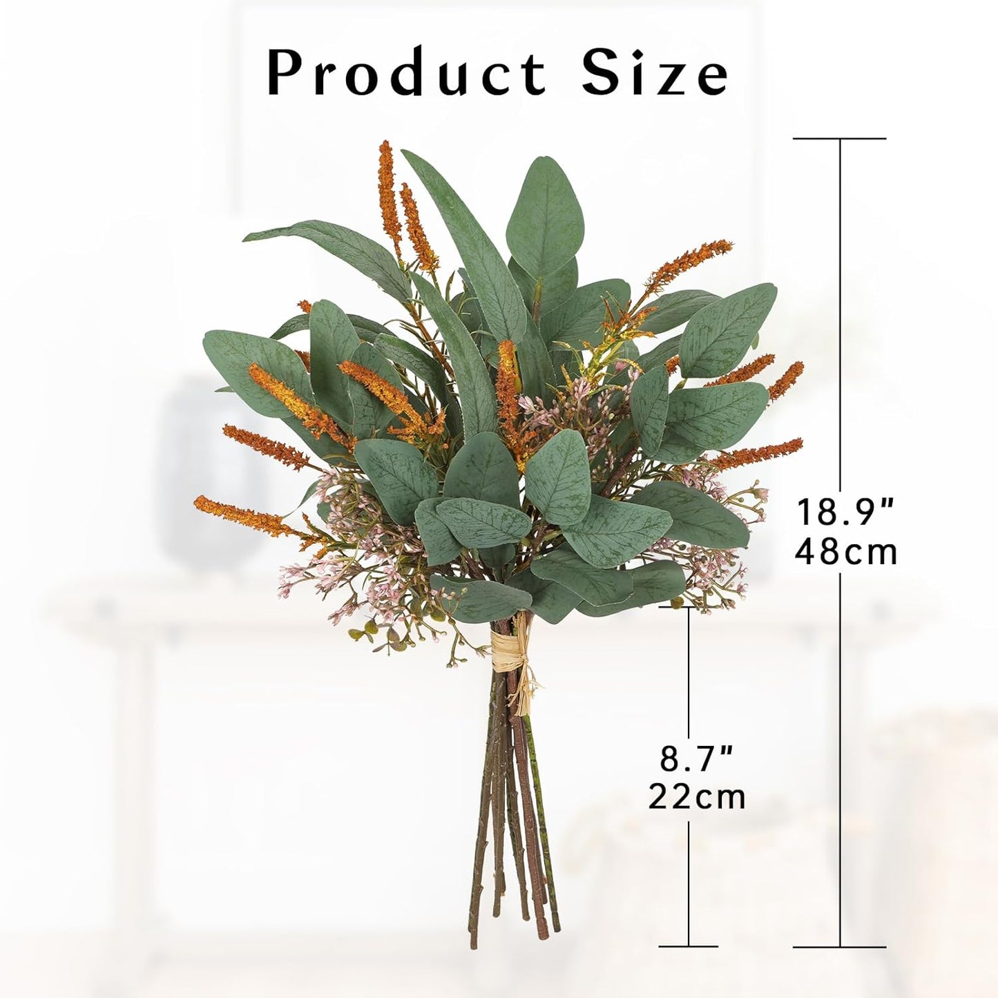 Fall Artificial Eucalyptus Bouquet with Orange Sage Leaves – Autumn Faux Greenery Bush with Raffia Wrap for Farmhouse, Kitchen, Table, and Seasonal Home Décor