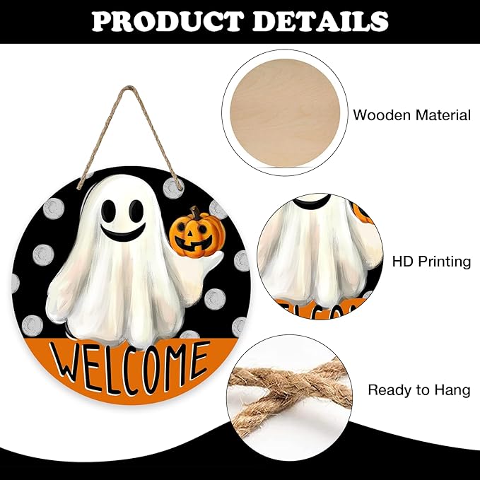 Welcome Halloween Spooky Ghost Front Door Sign, Scary Jack O Lantern Pumpkin Wood Hanger Outdoor Outside Porch Home Decor, Funny Polka Dots Wooden Wreath Indoor Wall Hanging Decoration