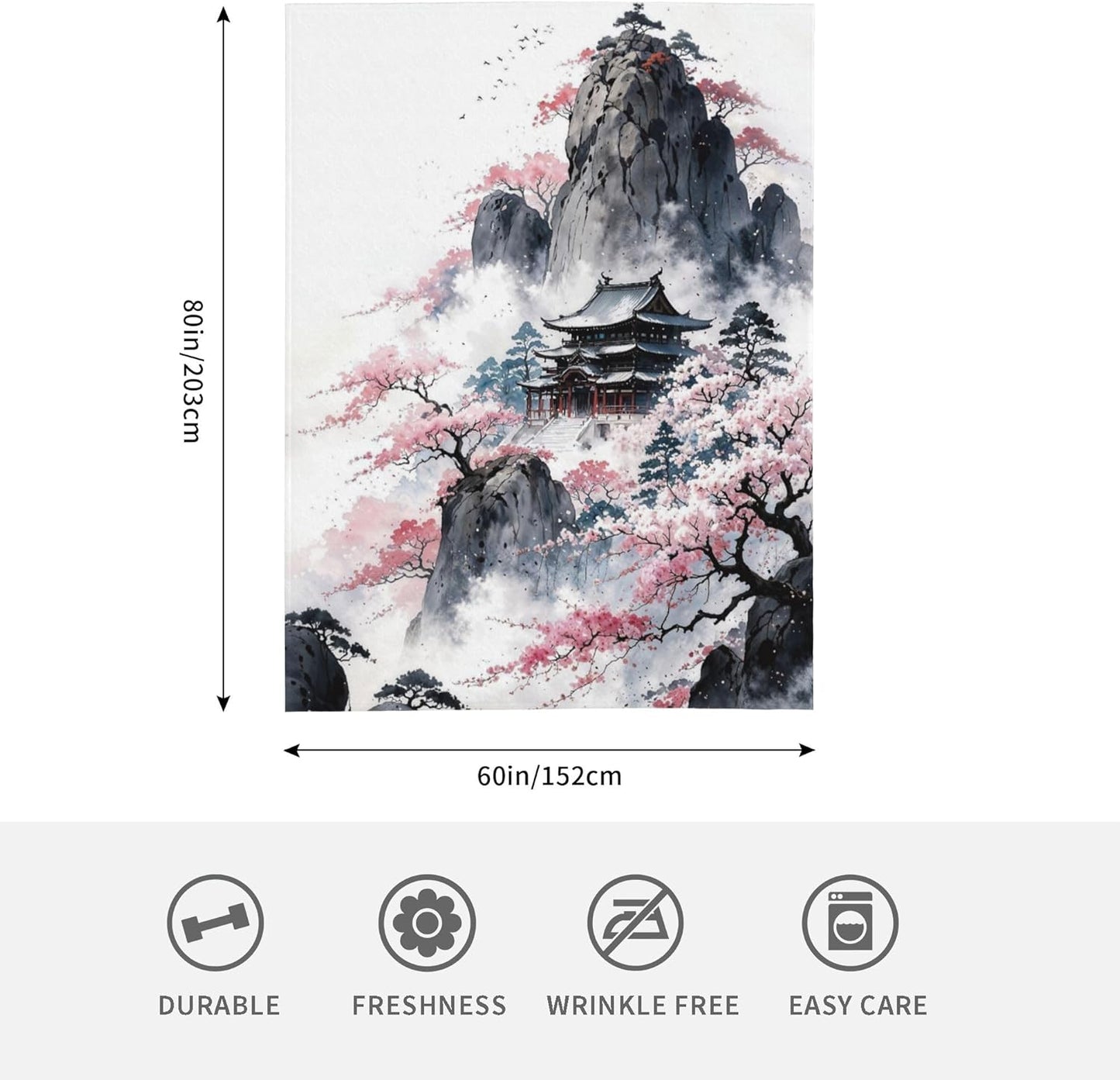 Japanese Cherry Blossom Ink Painting Throw Blanket, Fuzzy Blanket, Ultra Soft Cozy Flannel Throw Blankets Lightweight Fleece Blankets for Bed Couch Sofa 60"×80"