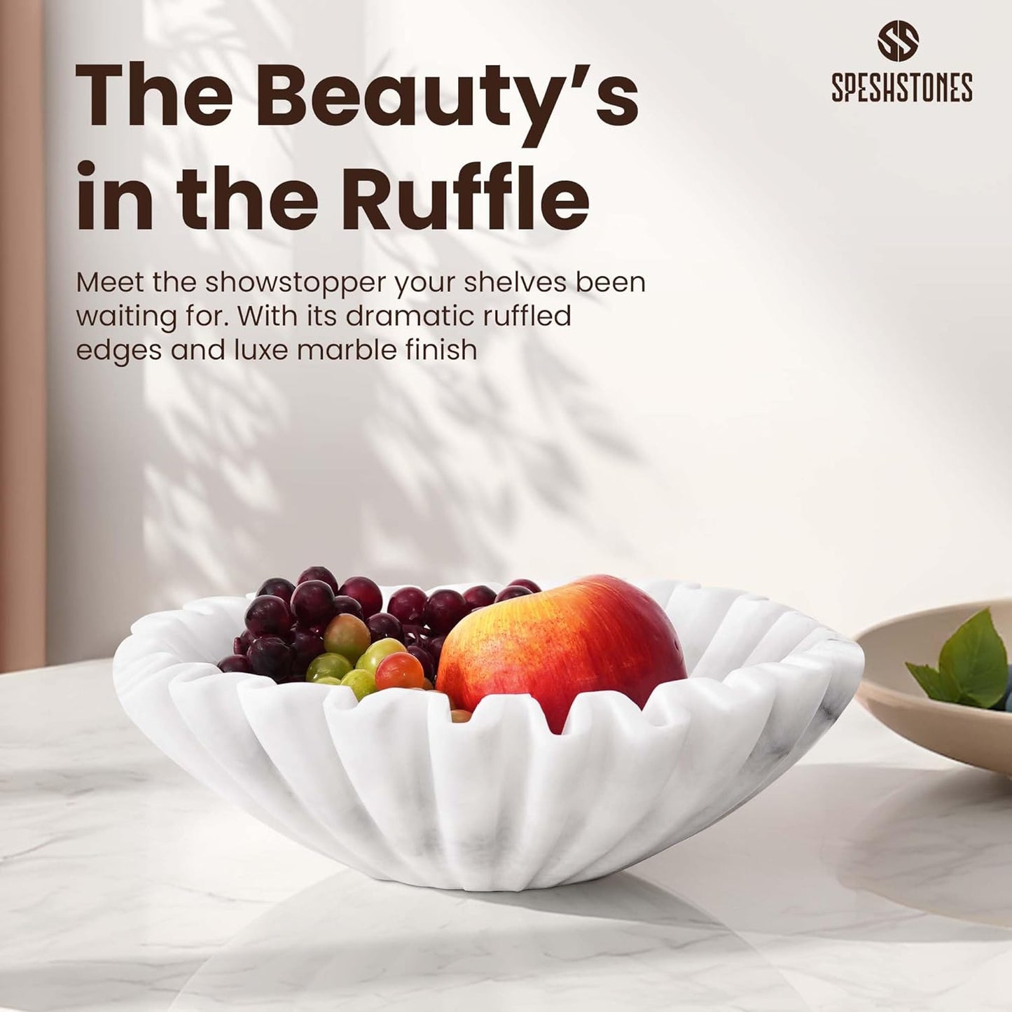 Marble Decorative Bowl 10 Inch Handmade White Fruit Bowl for Kitchen Counter - Large Ruffle & Scalloped Bowls for Dining, Coffee Table Centerpieces & Home Decor