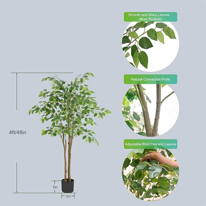 Tall UV Resistant Ficus Tree Artificial，4ft(48in) Faux Ficus Tree with Realistic Smooth and Shiny Leaves， Fake Trees Indoor Outdoor for Home Office Living Room Bedroom Foyer Porch Decor.