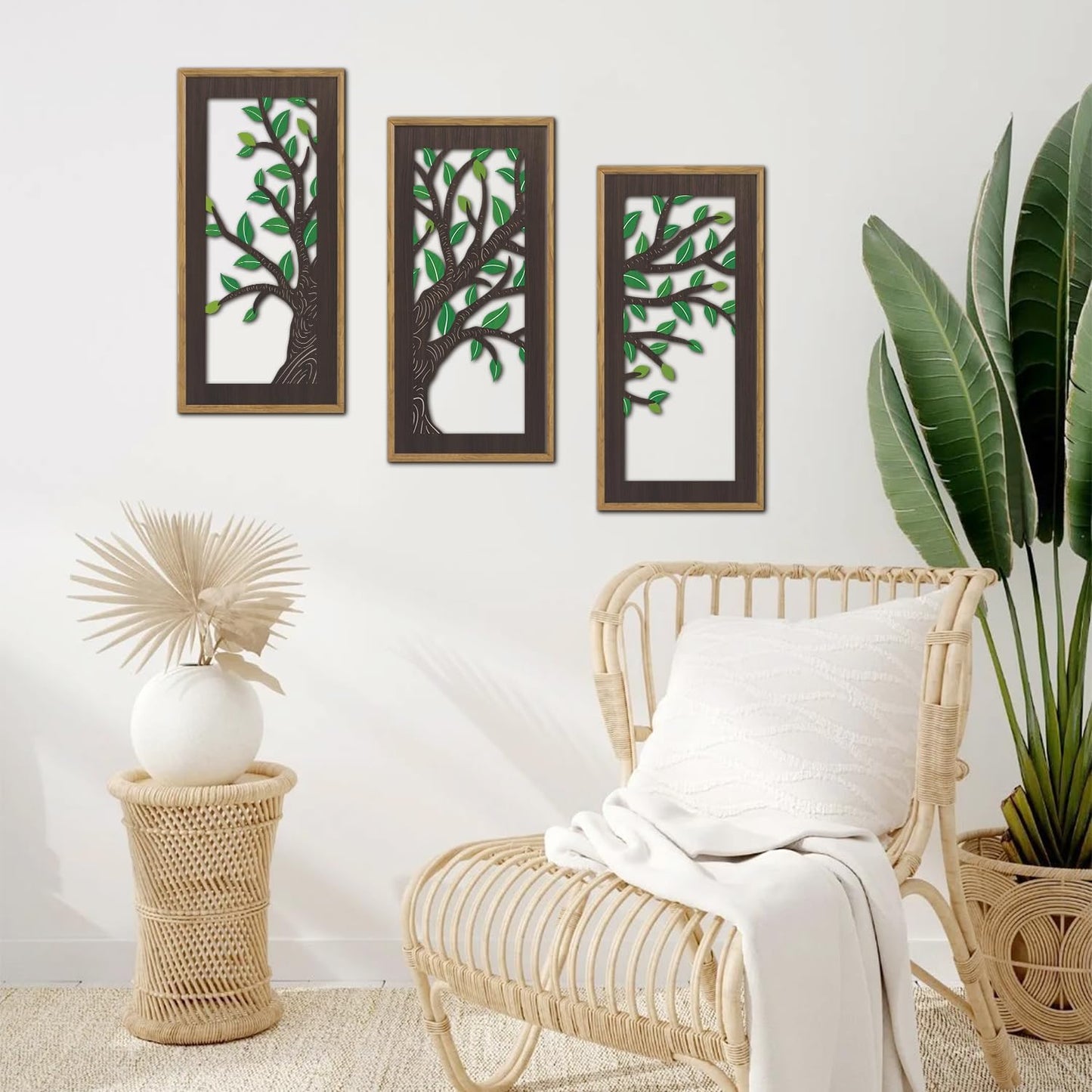 KAIRNE Wooden Tree Branch Framed Wall Art(Set of 3, 16”x8”),Abstract Tree of Life Hollow Artwork Decor,Rustic Birch Green Leaves Wood Decor,Modern Tree Farmhouse Decor for Living Room Bedroom Kitchen