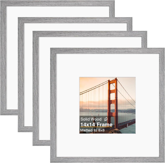 KINLINK 14x14 Picture Frame, Grey Square Solid Wood Frames for Pictures 8x8 with Mat or 14x14 without Mat, Wall Display Photo Frames Grey Wood 4 Pack
