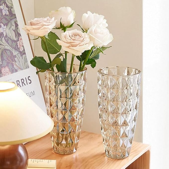 Unique Diamond-Shaped Amber Color Glass Flower Vase 11.8" Tall for Home Decor, Dining Wedding Table Office Holiday Party Centerpiece Decoration.