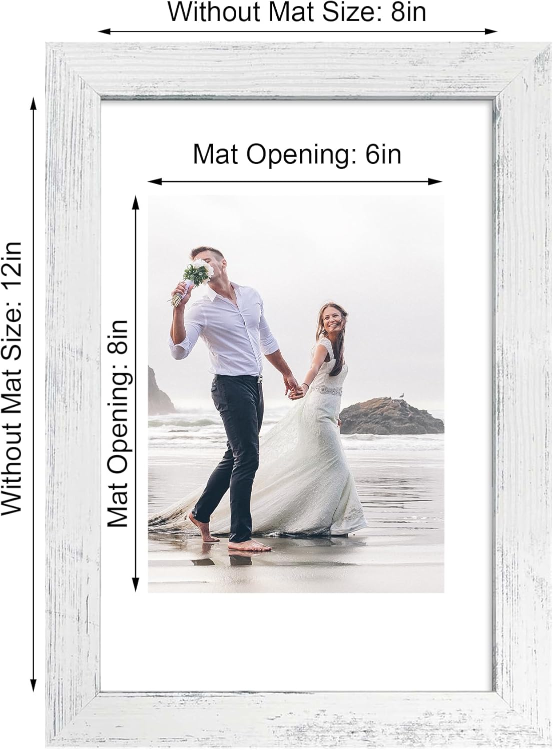 iRahmen 8x12 Picture Frame Set of 4 with High Definition Glass, Distressed White Frame Display 6x8 Picture with Mat or 8 x 12 Without Mat, Wood Rustic Photo Frames for Tabletop and Wall Mounting