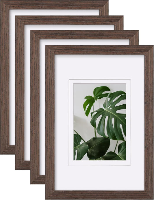 Egofine 8x12 Picture Frames Set of 4, Made of Solid Wood Covered by Plexiglass 5x7 and 6x8 with Mat or 8x12 without Mat, for Table Top Display and Wall Mounting Photo Frame Brown