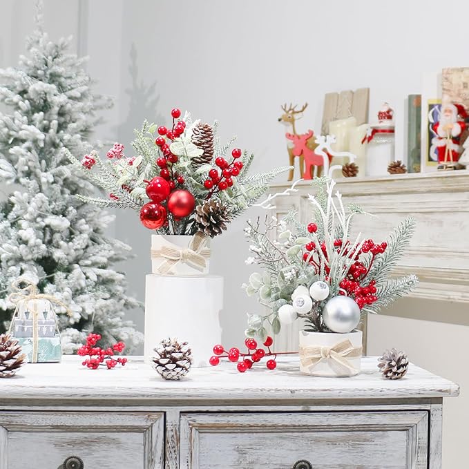 2PCS Small Christmas Tree,11" Artificial Little Potted Mini Tabletop Tree Christmas Decorations, for Wedding Holiday Indoor Xmas Party Decor (Red/Green/White).