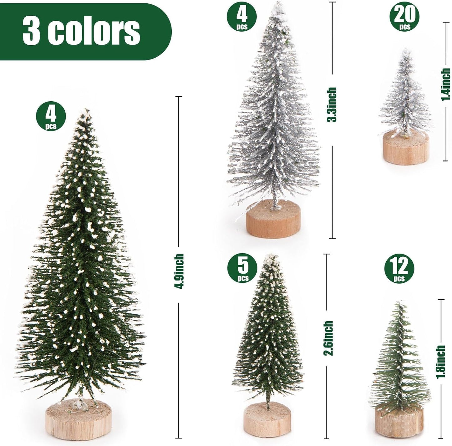 LOVEINUSA 45PCS Colorful Mini Christmas Trees, Snow Frosted Sisal Trees Colored Bottle Brush Xmas Trees with Wooden Base for Xmas Winter Home Table Decoration