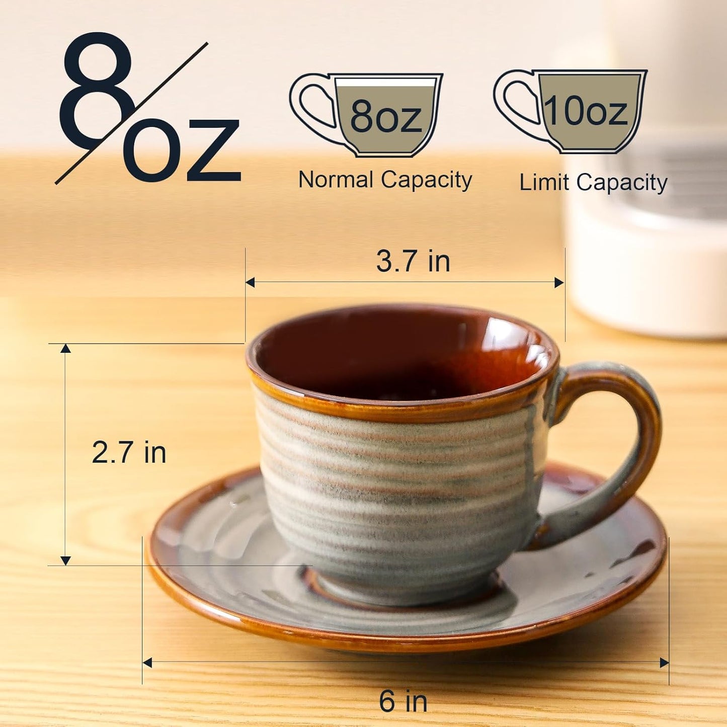 Hasense Ceramic Tea Cups and Saucers, 8oz Cappuccino Cups Set of 4, Espresso Coffee Mugs for Home and Office, Perfect for Coffee, Cappuccino, Latte, Americano, Milk and Tea - Grey Brown