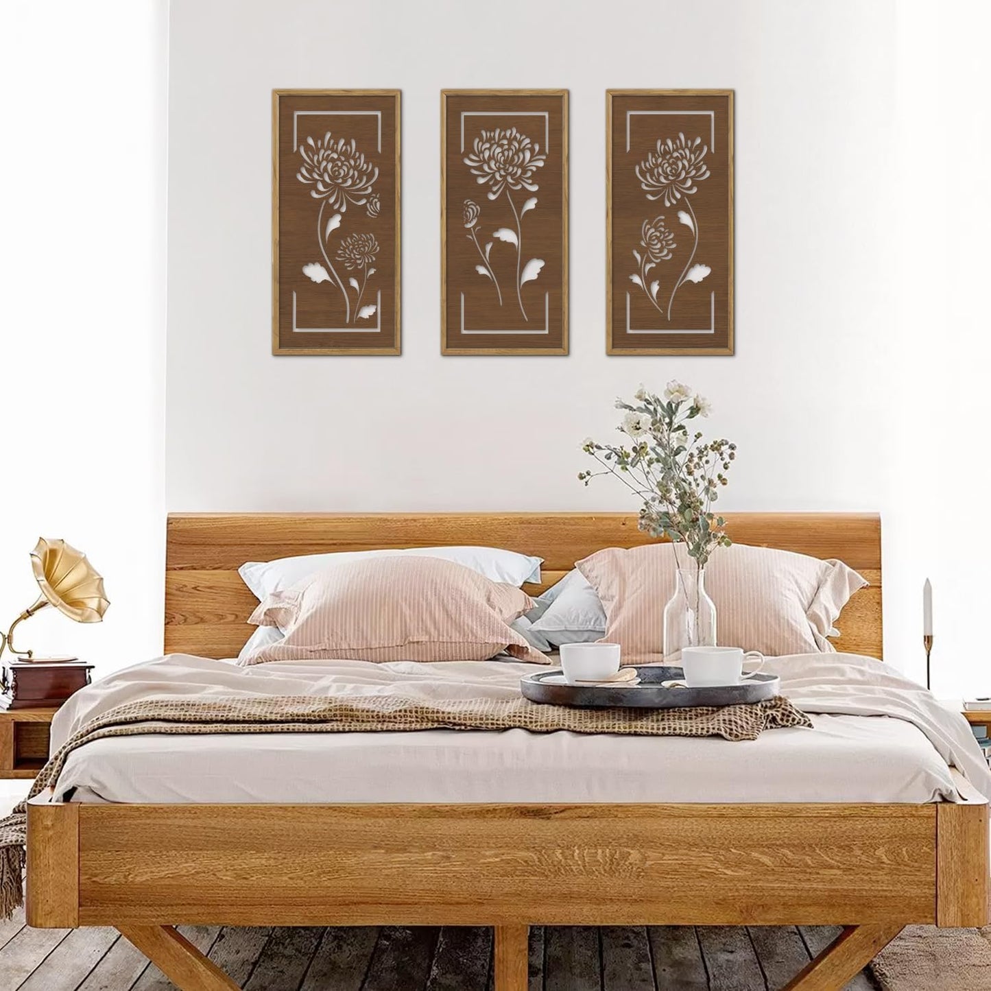 KAIRNE Floral Wooden Wall Art,Hollowed-Out Flower Farmhouse Decor Set of 3(16X8),Brown Vintage Wood Hanging Decor,Ready to Hang Framed Wall Decor,Retro Design for Living Room Bedroom Office Decor