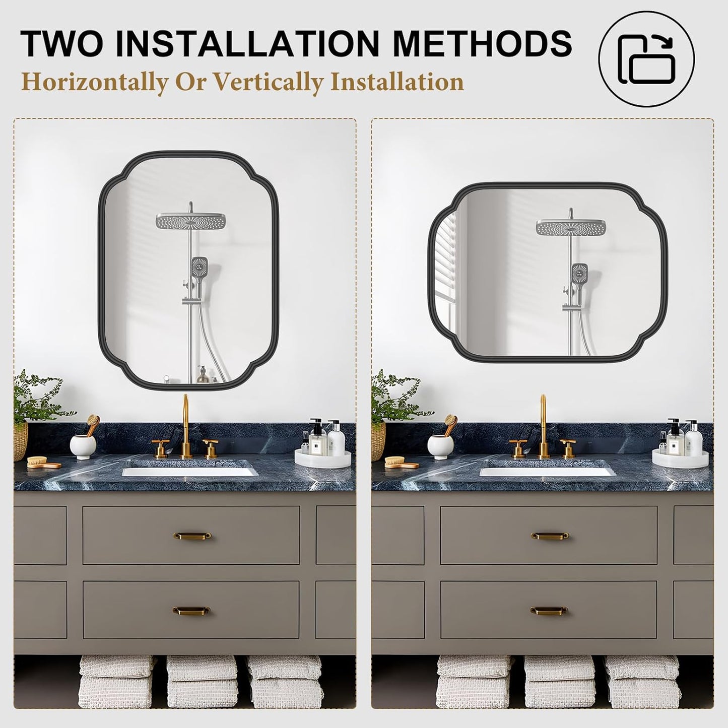 Black Bathroom Mirror for Wall, 18" x 24" Rectangular Wall Mirror for Bathroom Metal Frame Farmhouse Rounded Corner Wall Mirror (Horizontal/Vertical)