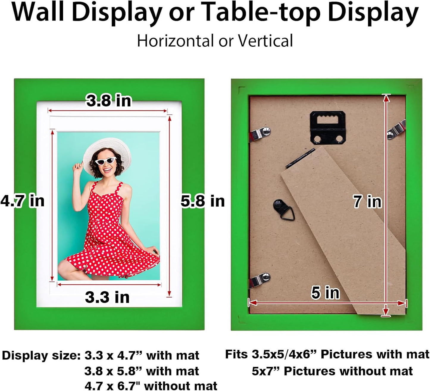 KINLINK 5x7 Picture Frame Grass Green, Solid Wood Frames with Acrylic Plexiglass for 3.5x5/4x6 with Mat or 5x7 without Mat, Tabletop and Wall Display Photo Frame 4 Pack