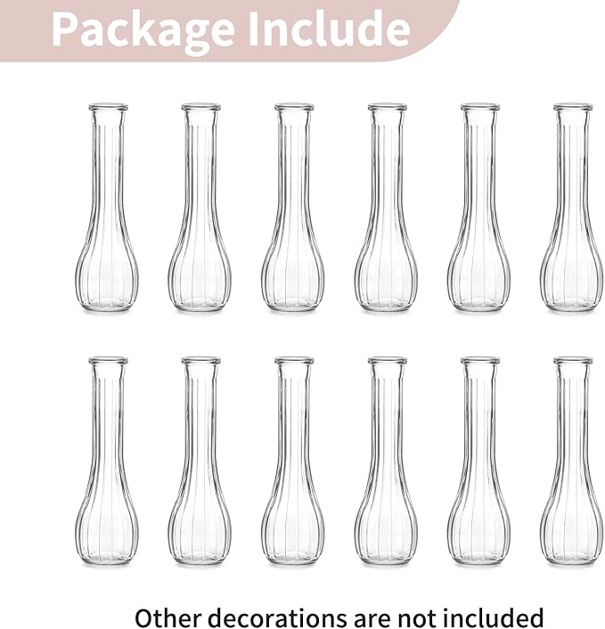 NUPTIO Glass Bud Vases Centerpiece: 12 Pcs Small Flower Vase for Wedding in Bulk - Cute Clear Ribbed Vase for Party Events Home Table Decor