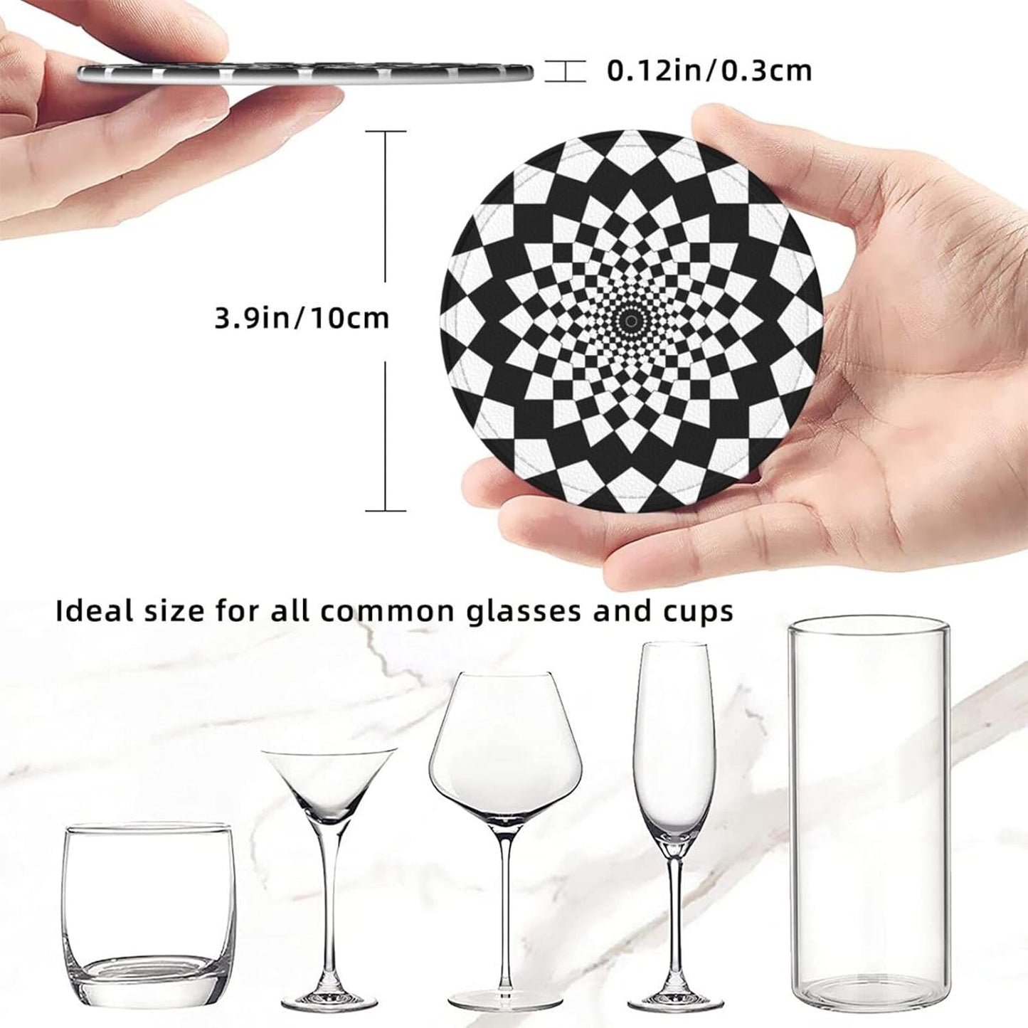 Drink Coasters with Holder Stand Set of 6, Mandala Chessboard Pu Leather Absorbent Coasters with Cork Base Table Round Coaster for Housewarming Apartment Kitchen Bar Decor