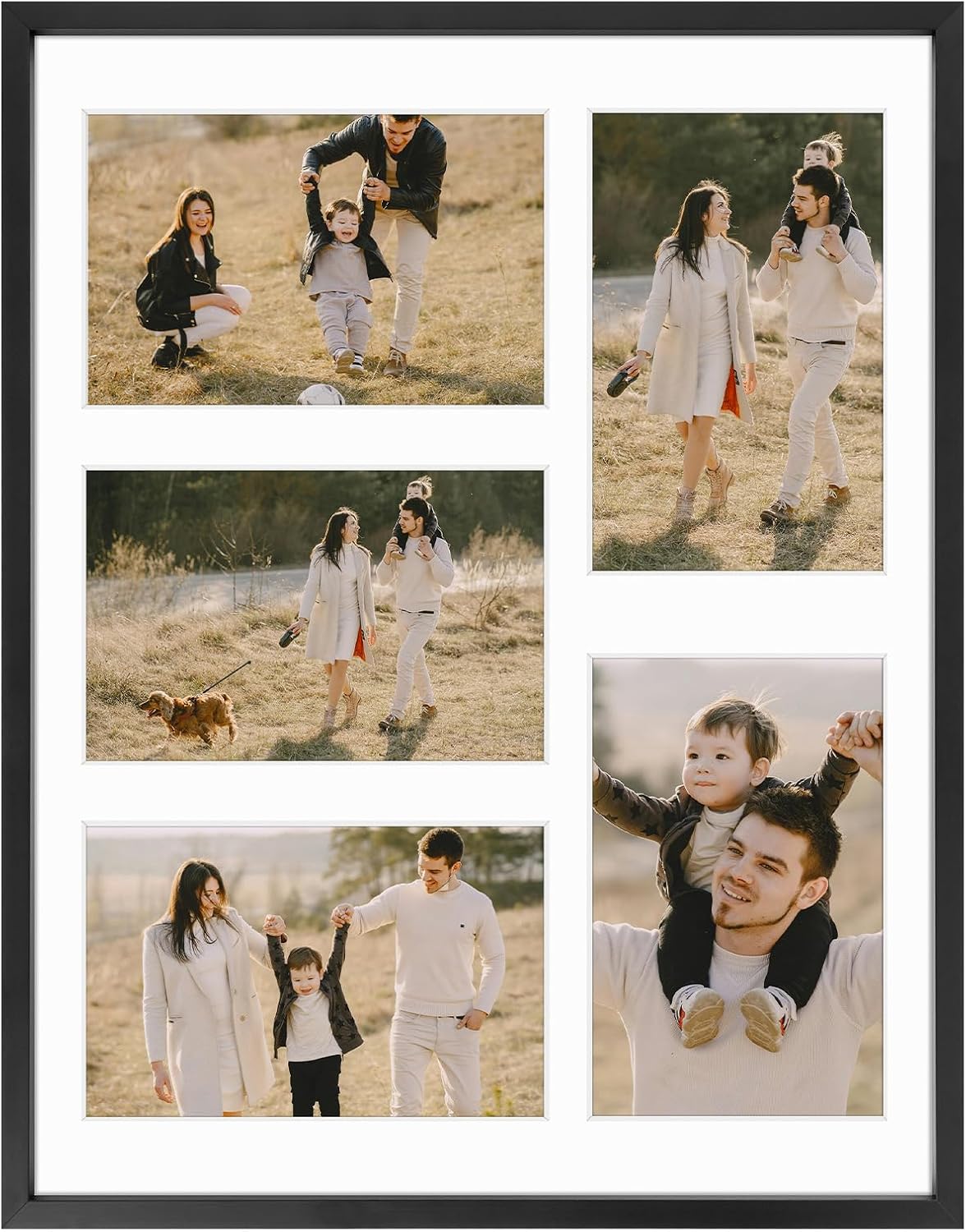 Frametory - 11x14 Aluminum Collage Picture Frame - Display 4x6 Pictures with 5 Openings Mat - Real Glass Front - Horizontal/Vertical Wall Mount - Black 1 Pack