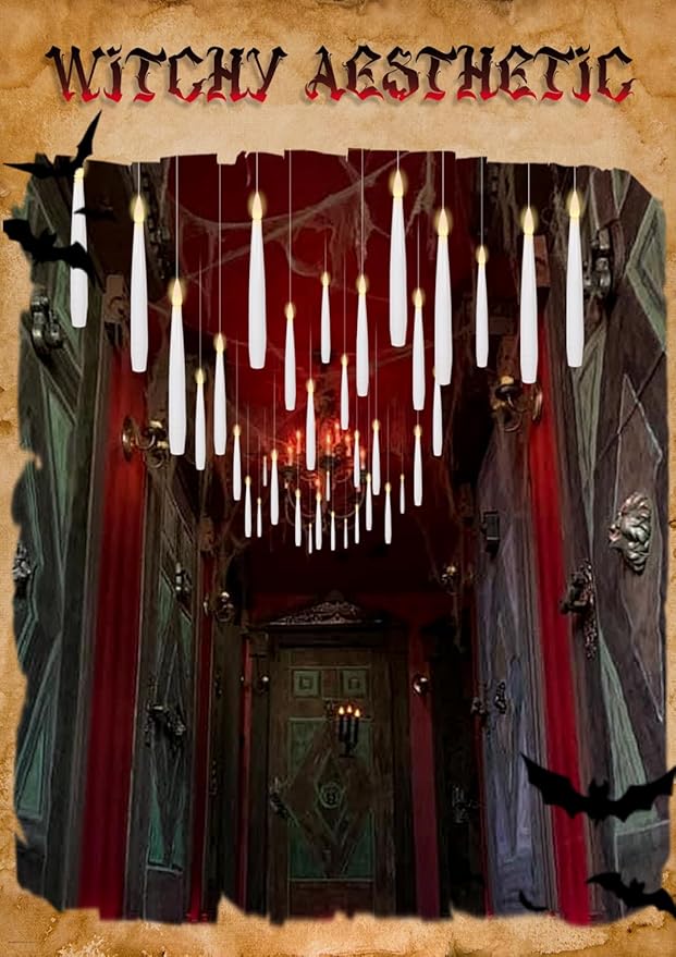 22 PCs Floating Candles with Wand Remote, Halloween Decorations Floating LED Taper Candles, Flickering Flameless Hanging Window Candles, 6.1" Magical Electric White Battery Operated