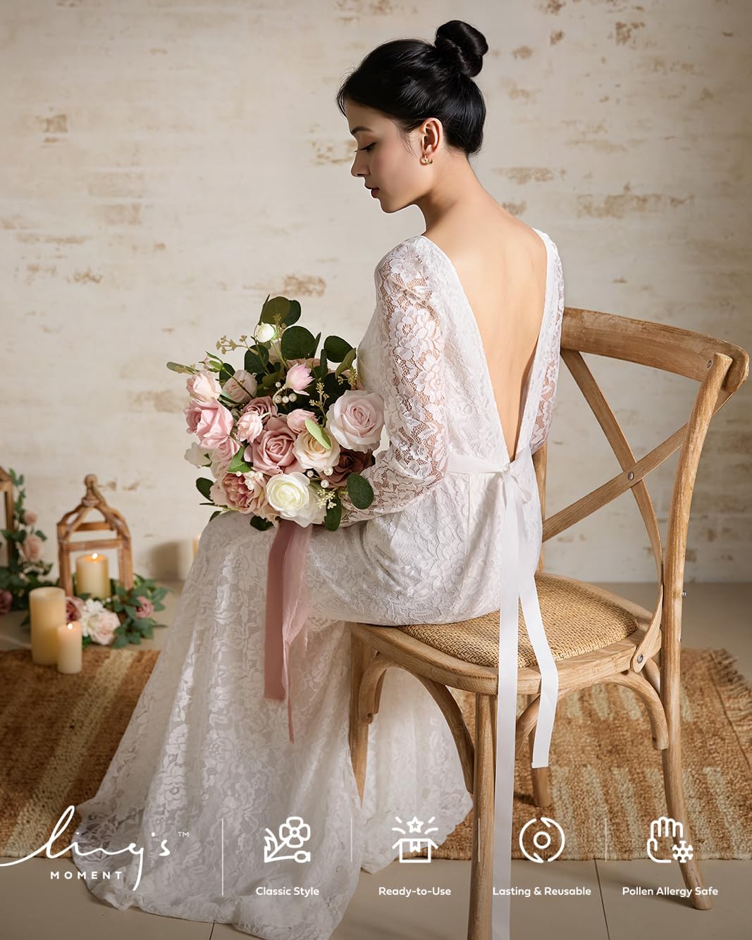 Ling's moment Pink Wedding Bouquets for Bride, Dusty Rose Bridal Bouquets for Bride, 15 Inch Free Form Artificial Wedding Flowers Bouquets