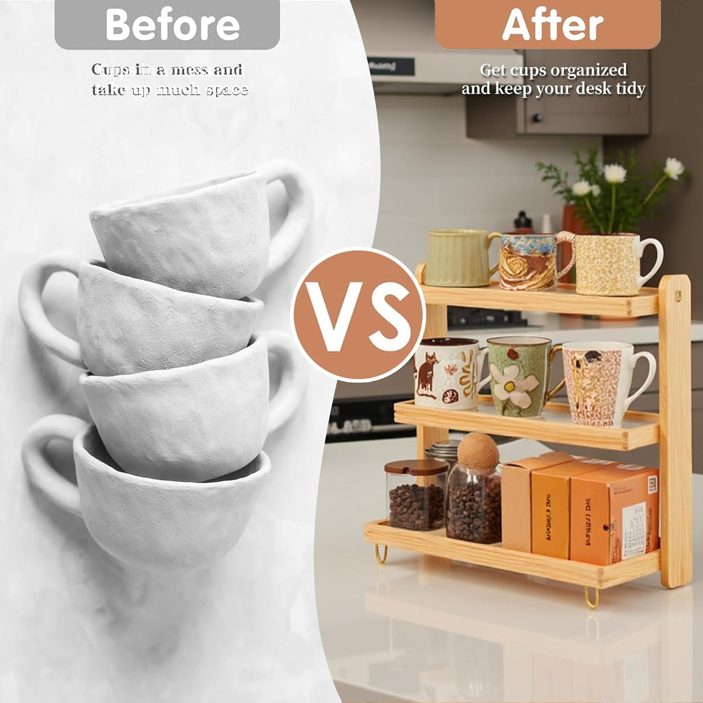 Coffee Mug Holder Wooden Cup Rack,3-Tier Acrylic Home Mug Display Rack for Kitchen Countertops Coffee Beans, Syrup, Cups, Stirrers