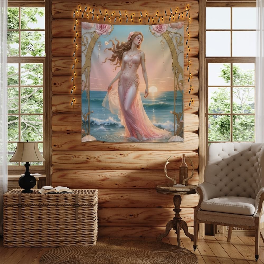 Medpol Elegant Vintage Goddess Tapestry Pink Coastal Woman Wall Hanging, Shell Rose Sunset Ocean Decor Cool Girls Dorm Room Tapestry for Bedroom Living Room Aesthetic 60x80inch