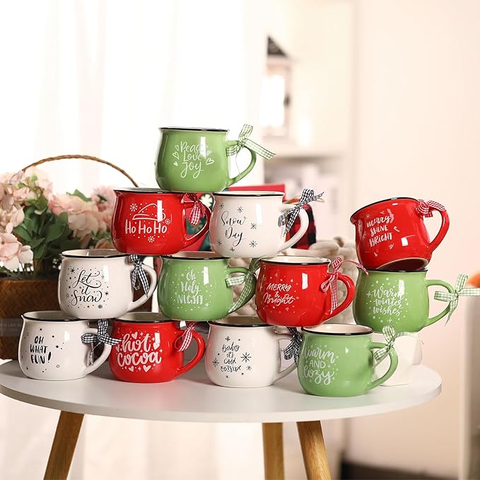 Zubebe Christmas Coffee Mugs Set of 12, 12 oz Hot Cocoa Ceramic Holiday Mugs Set for Mom, Woman, Family, Friend - Farmhouse Tiered Tray Decor, Coffee Bar Decor(Red, Green, White)