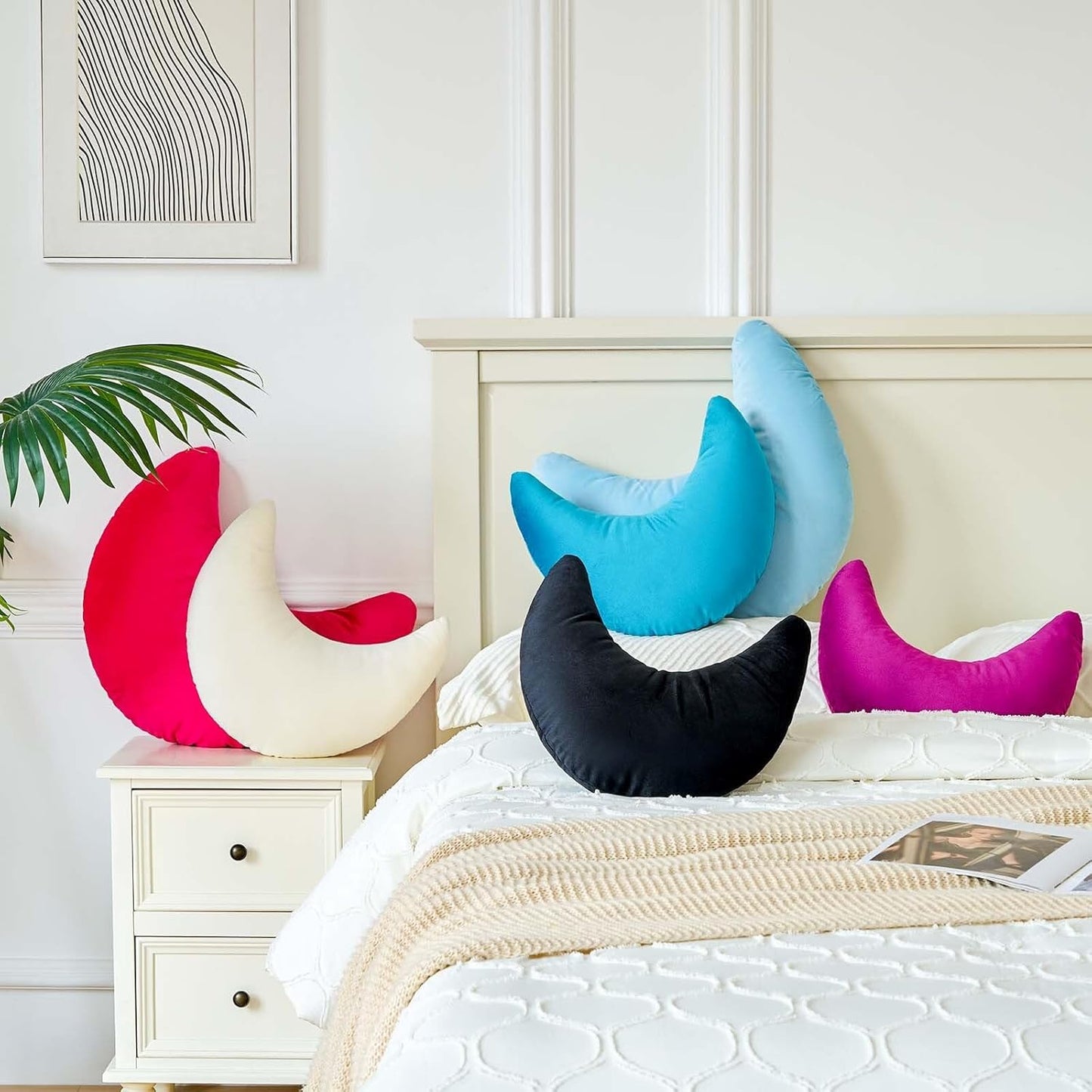 Beige Moon Pillow, 19.6" Cute Soft Velvet Half Moon Shape Plush Decorative Throw Pillows Cushions Room Decor for Couch Bedroom Living Room