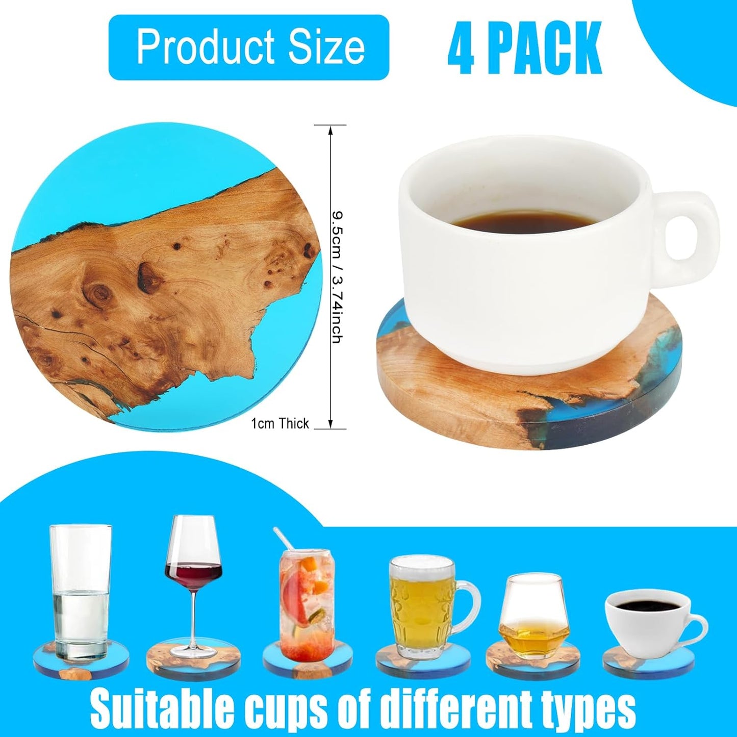 Drink Coaster Set, Wooden Bar Coasters, Resin Coaster for Coffee Table, Tabletop Decorative Artwork, Unique, Handmade & Aesthetically Pleasing for Home, Office, Bar Decor,Coasters Set of 4