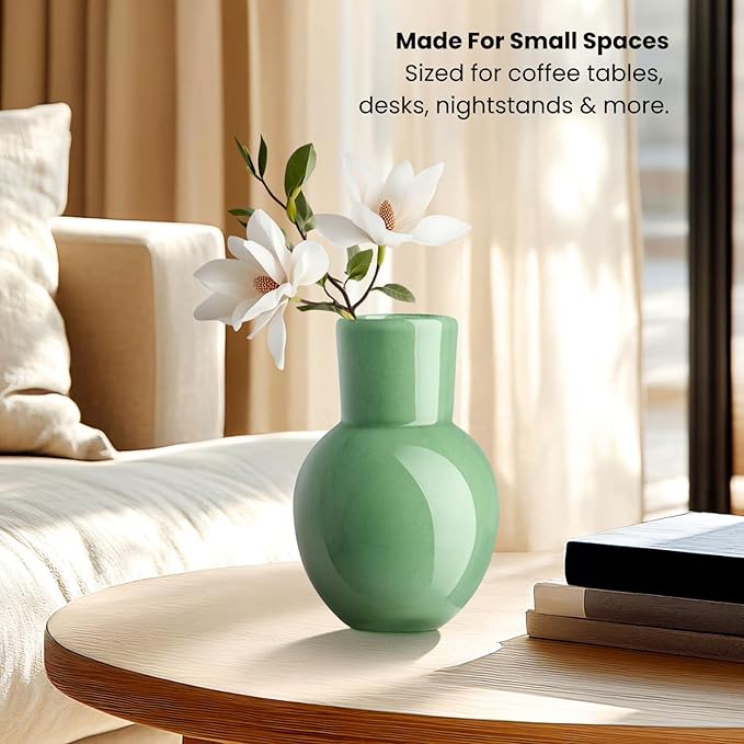 Torre & Tagus 6" Mouth Blown Art Glass Vase for Flowers - Opaque Green Small Table Vase & Handmade Small Green Accent for Boho Home Decor, Neutral Bud Vases as Decorative Shelf Decor or Wedding