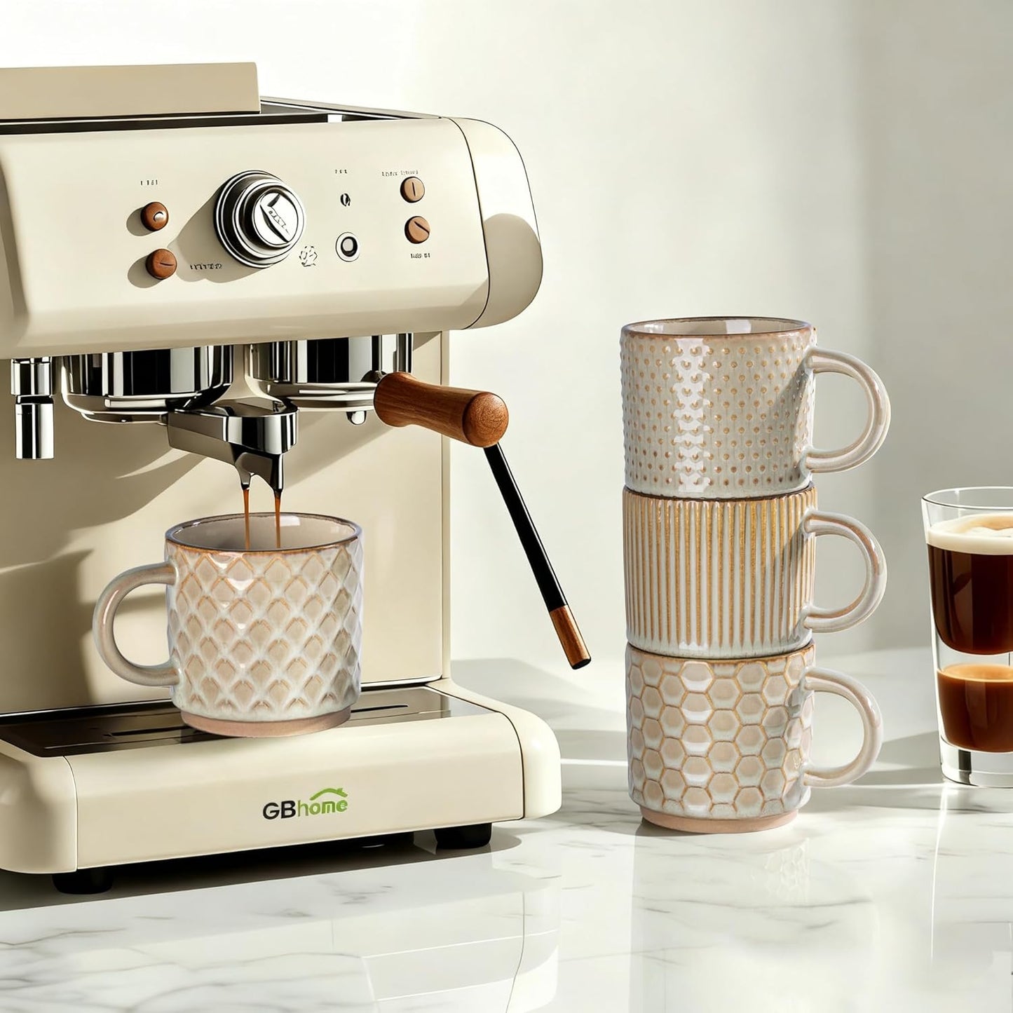 GBHOME 6OZ Stackable Coffee Mugs, Ceramic Coffee Mugs with Texture Patterns for Man,Woman,Dad,Mom, Modern Coffee Cups Set of 4 for Espresso/Cappuccino. Dishwasher&Microwave Safe