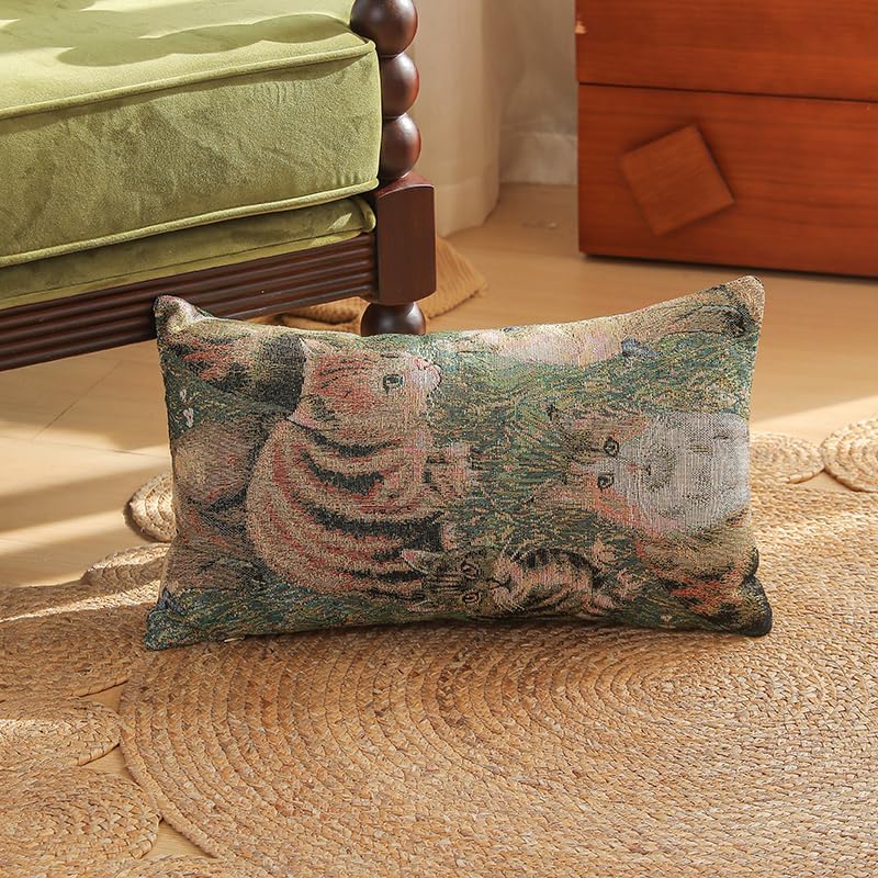 Cute Cat Garden Lumbar Throw Pillow Cover 12x 20, Art Painting Linen Pillow Cushion Cases, Farmhouse Decorative Pillows for Bed, Outdoor Couch Bedroom Car Green