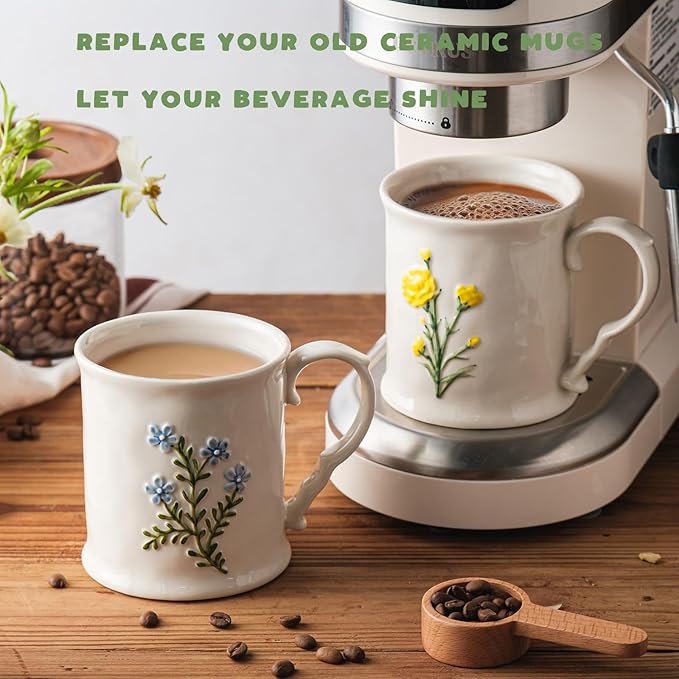 2 Pack Floral Ceramic Coffee Mugs - Yellow and Blue Flowers, Hand-Painted, Microwave & Dishwasher Safe, Ideal for Cappuccino, Tea, Hot Chocolate