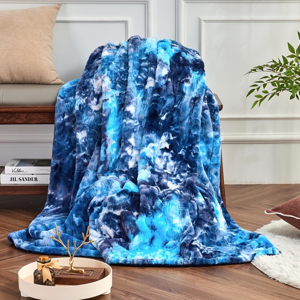 Krifey Blue Faux Fur Blanket, Super Soft Cozy Blanket, Luxury Fluffy Throw Blanket Warm Plush Bed Throw Tie Dye Blue 50" x 60"