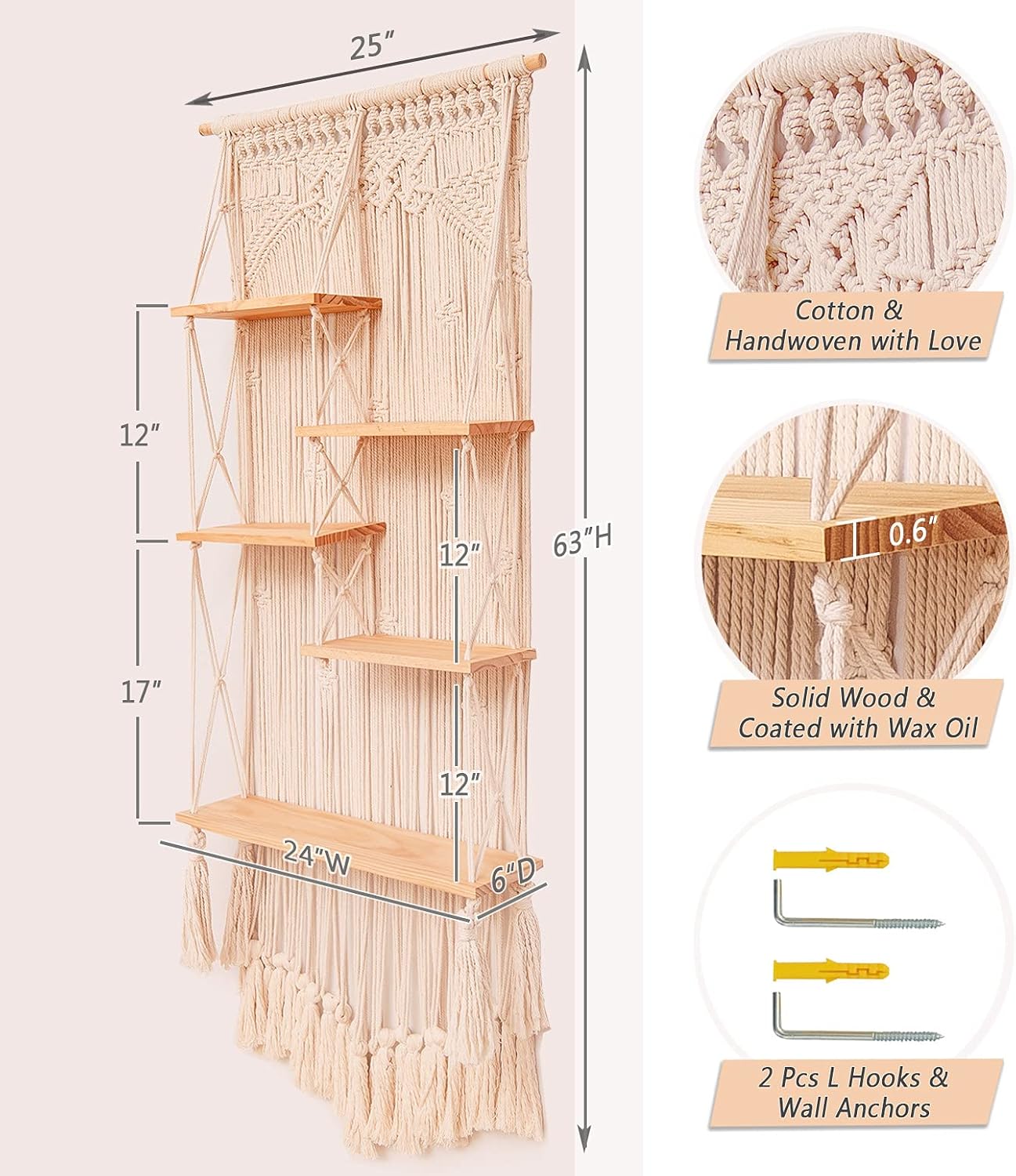 jontell Macrame Wall Hanging Shelf- Macrame Shelves Handmade Decorative Floating Boho Shelf-Plant Shelf Display Rack to Organize and Decor for Living Room, Bedroom, Bathroom…