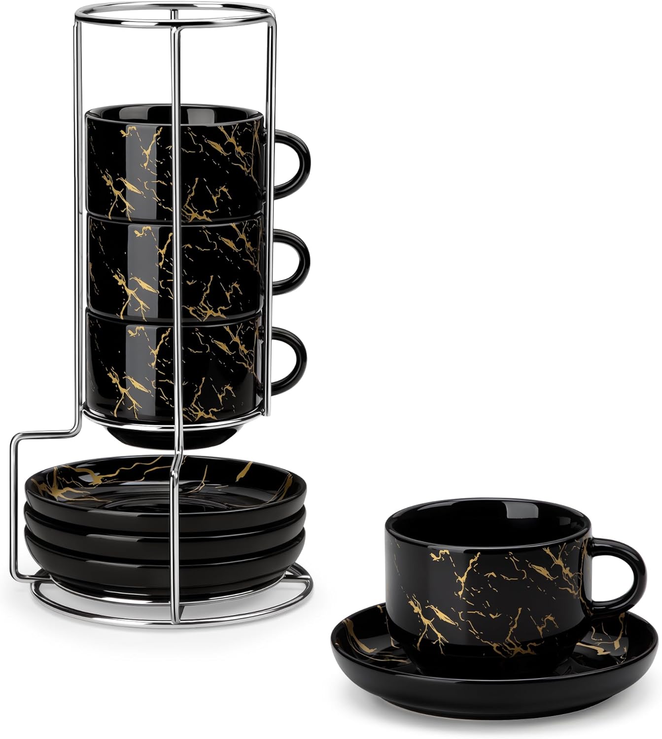 MALACASA 8 OZ Porcelain Espresso Cups with Saucers and Metal Stand Set of 4, Stackable Cappuccino Cups, Marble Black Expresso Shots Cup Set for Coffee Drinks, Latte, Tea