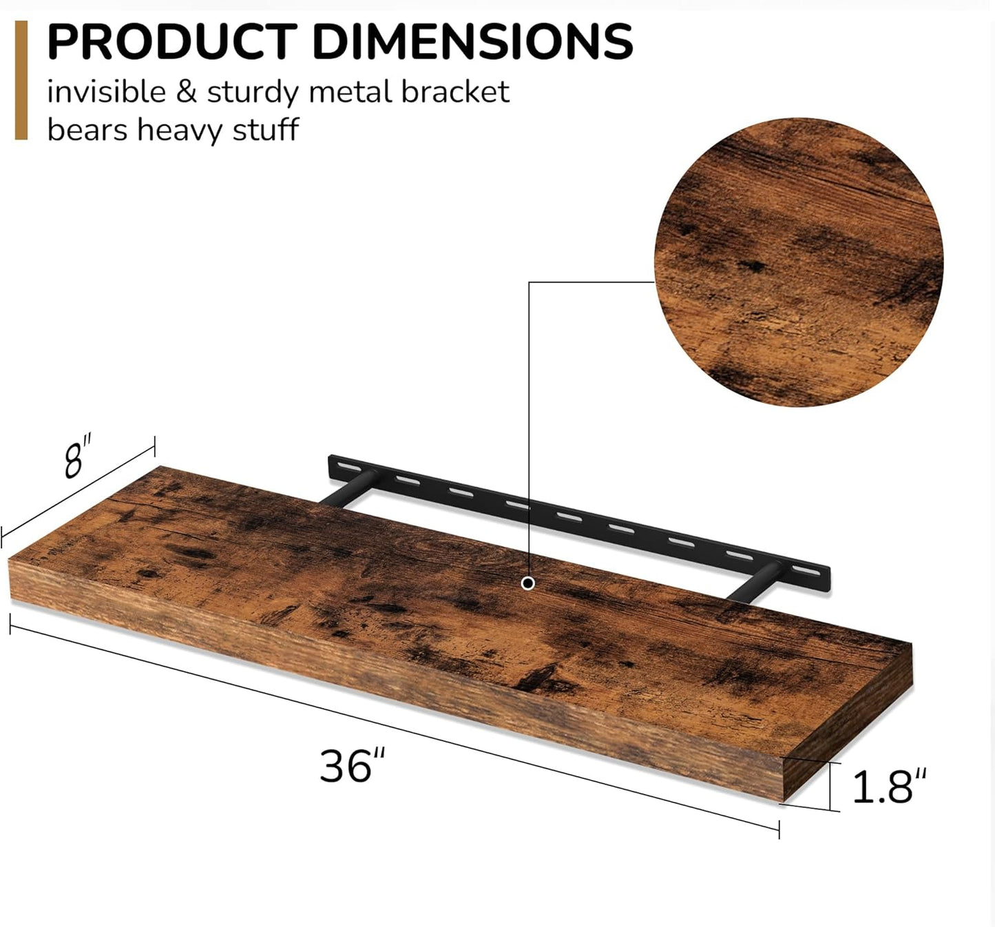 Fun Memories 36 Inch Floating Shelves - Deep Rustic Wooden Wall Shelves - Extra Deeper & Thicker Wall Mounted Storage Shelf for Bedroom, Kitchen, Farmhouse - 2 Pack, Rustic Brown