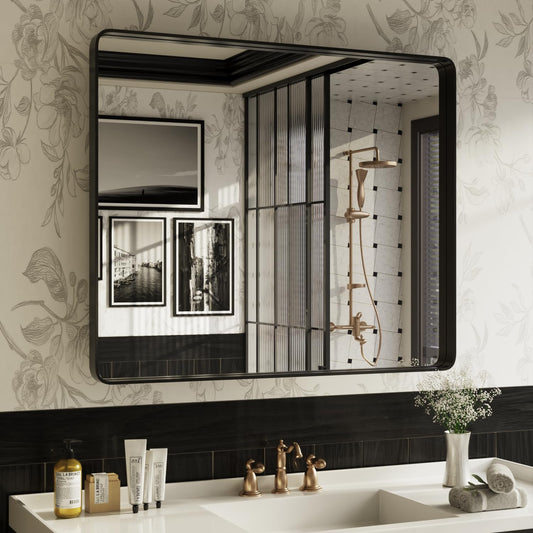ISKM Black Bathroom Mirror for Wall 44" x 36" Matte Black Framed Vanity Mirror, Shatter-Proof, Tempered Glass, Rounded Rectangle Mirror(Horizontal/Vertical)