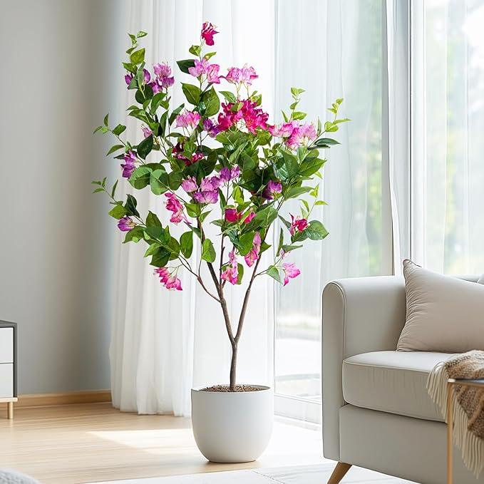 4FT Artificial Bougainvillea Tree Artificial Tree Tall Potted Fake Bougainvillea Trees for Outdoor Indoor Lifelike Potted Faux Plants with Wood Trunk and Flowers Office Wedding Home Decor