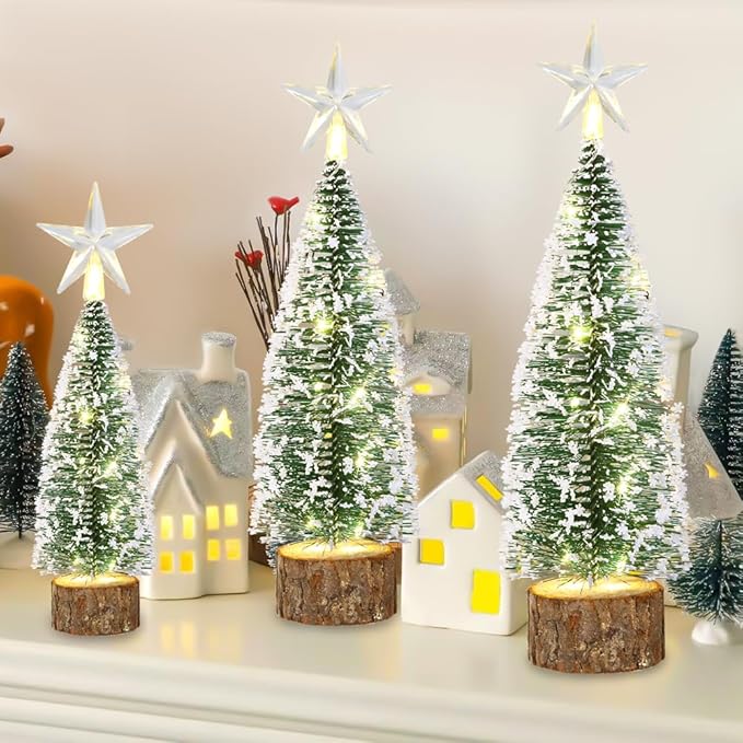 3Pcs Mini Christmas Tree for Table Decor Little Xmas Tree with LED Light for Table Centerpieces Tiny Bottle Brush Tree with White Snow for Home Indoor Tabletop Christmas Decoration