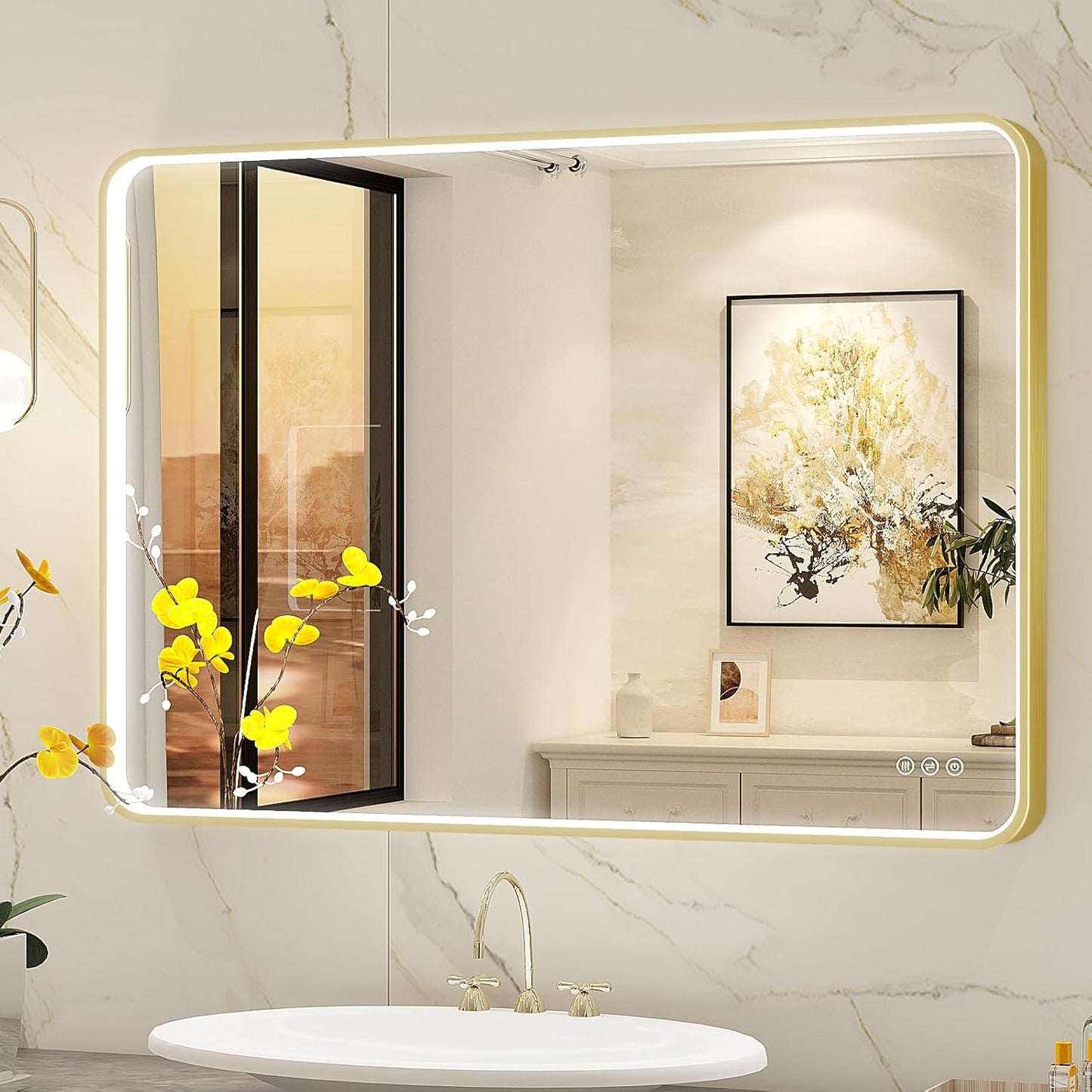 LED Mirror for Bathroom 40X28 Inch Gold Framed with Anti-Fog, Stepless Dimmable, Front Lit, LED Bathroom Vanity Mirror for Wall, Memory Function, Shatter-Proof