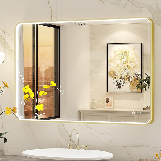 LED Mirror for Bathroom 40X28 Inch Gold Framed with Anti-Fog, Stepless Dimmable, Front Lit, LED Bathroom Vanity Mirror for Wall, Memory Function, Shatter-Proof